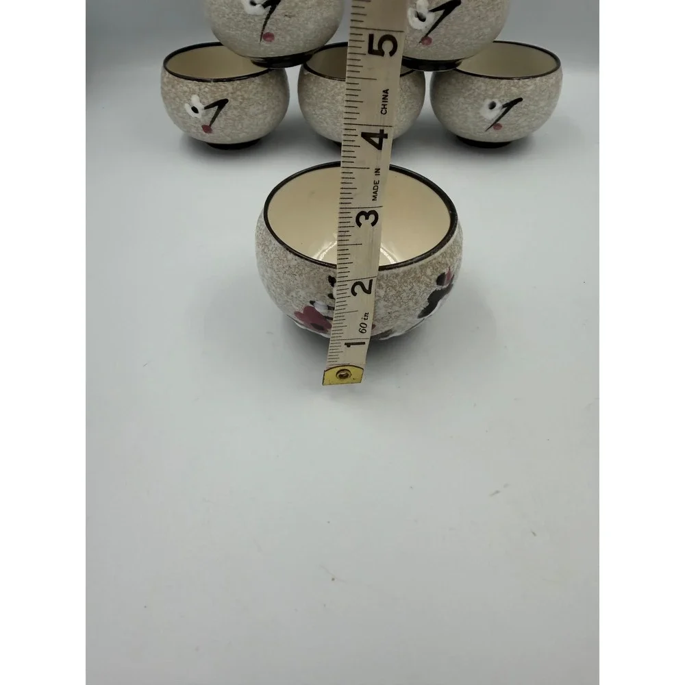 Set of 6 Hand Painted Ceramic Tea Cups Oatmeal Speckled Floral Asian Teaware